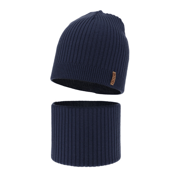 Ensemble automne/printemps garçon: bonnet et snood, 100% Laine Mérinos Extrafine, granatowy, Chester