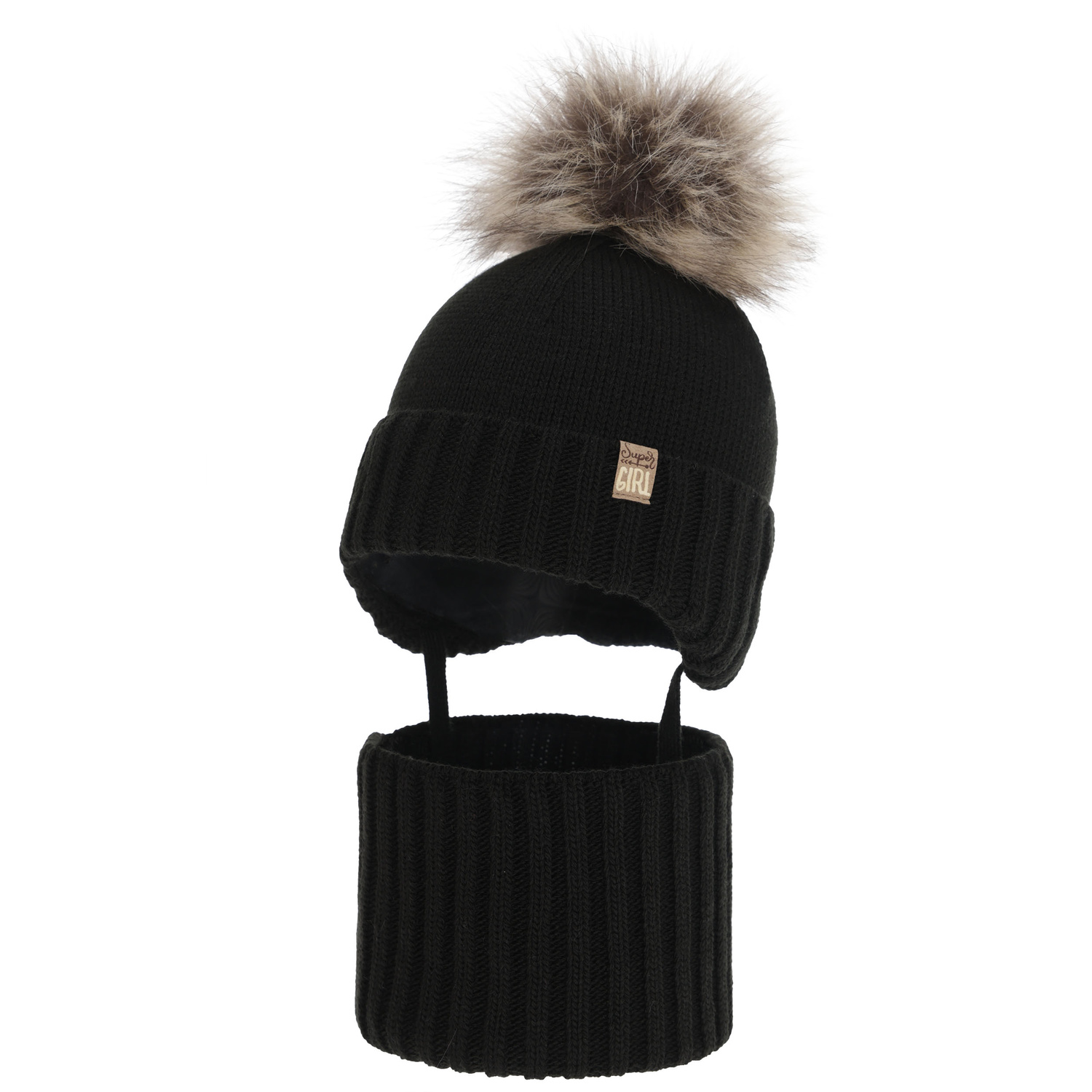 Meisjes winter set: muts en buissjaal, zwart, met pompon, Primula