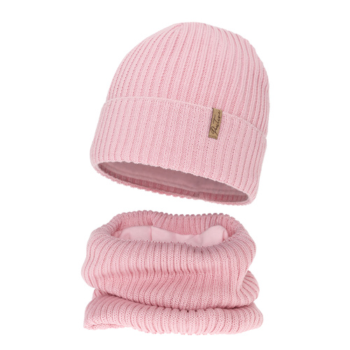 Meisjes winter set: muts en buissjaal gevoerd met fleece, roze, met merinowol, Odette
