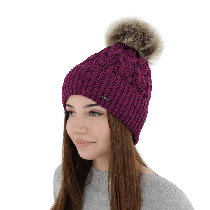 Bonnet d'hiver femme, violet, avec pompon, Deva