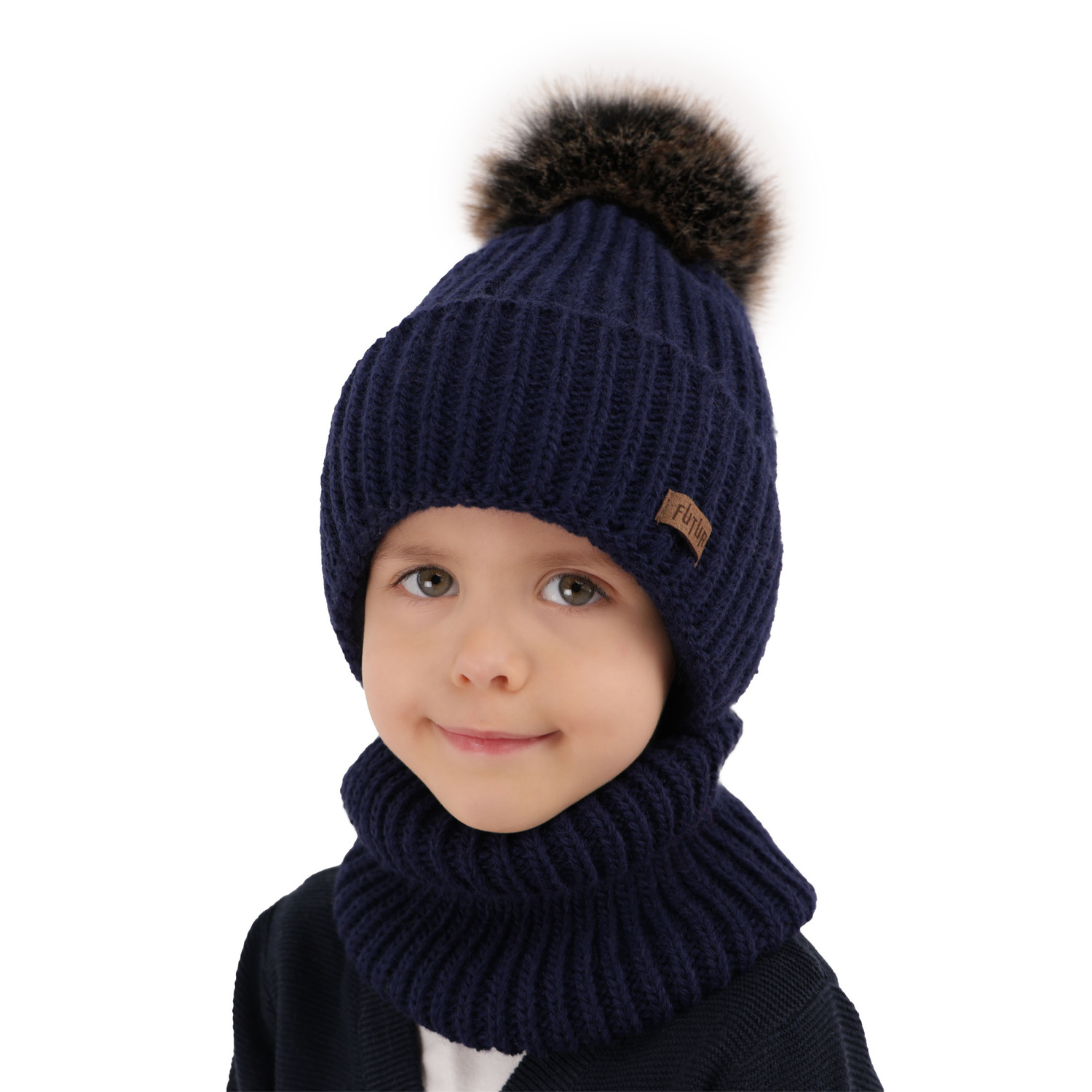 Ensemble d'hiver garçon: bonnet et snood, noir, avec pompon, Wonder