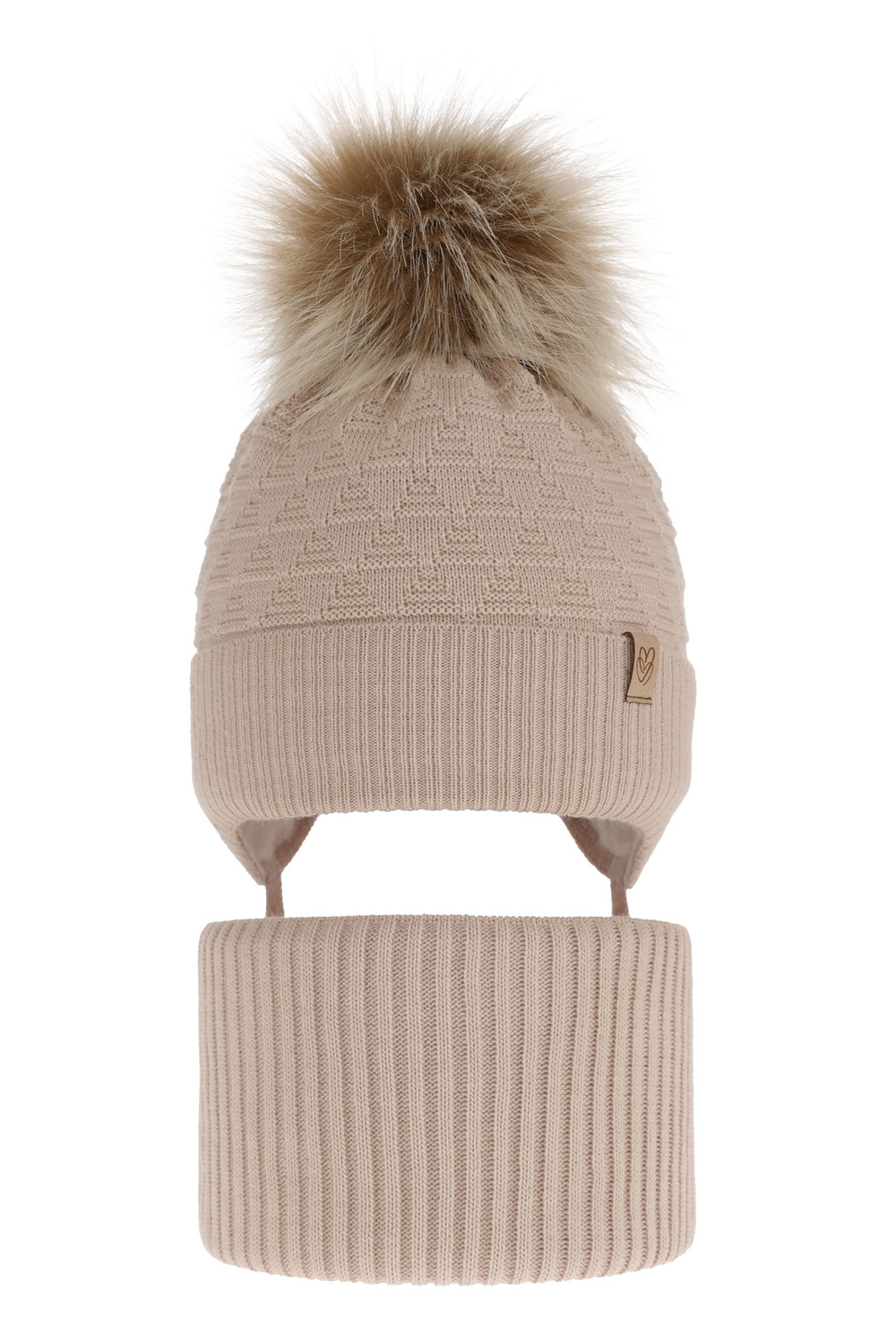 Ensemble d'hiver fille: bonnet et snood, beige, avec pompon, Egeria
