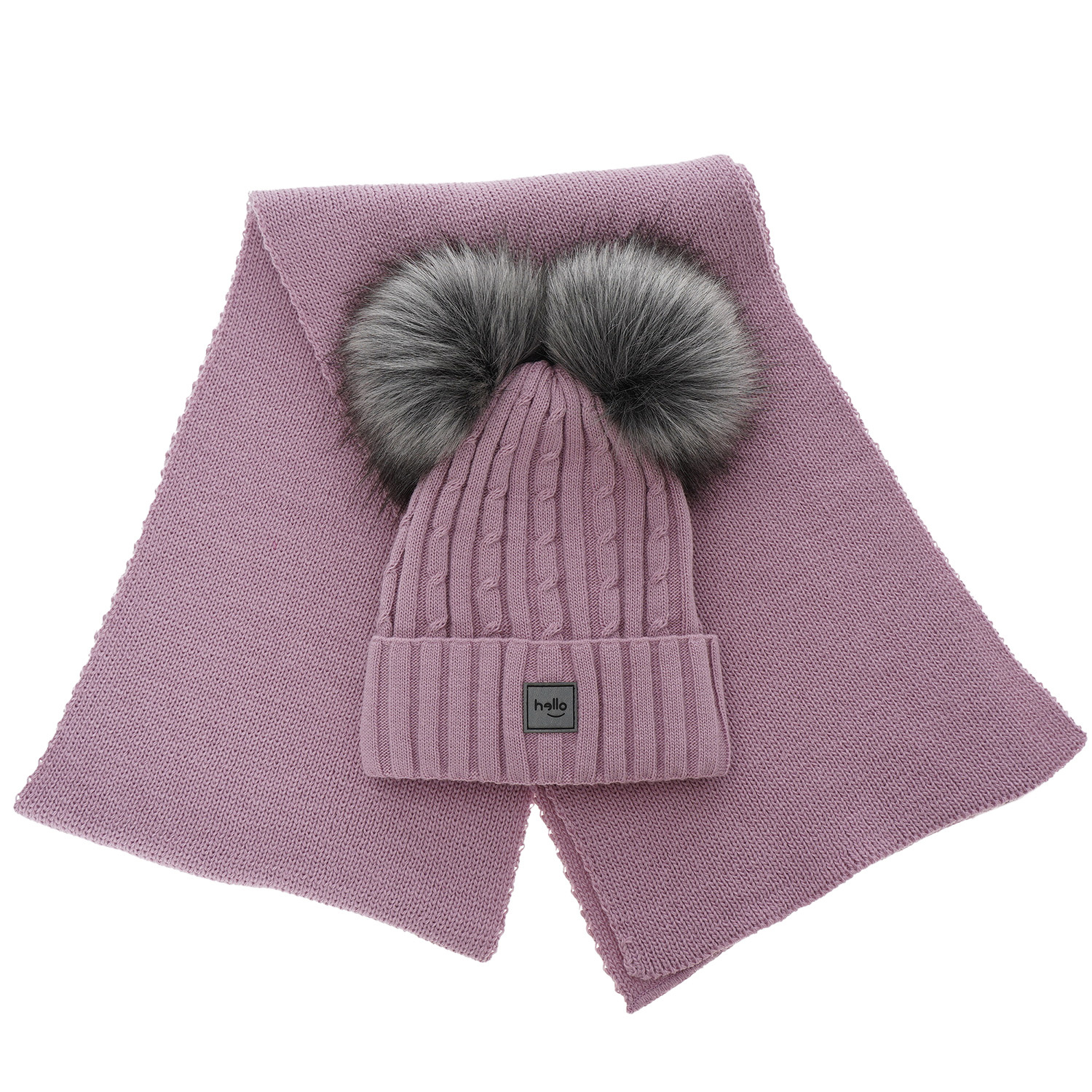 Ensemble d'hiver fille: bonnet et écharpe, rose, avec deux pompons, Zenda