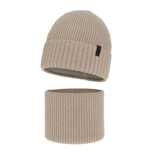 Jongens winter set (muts en buissjaal), 100% Merino Wol, gevoerd met merinowol, beige Harbin