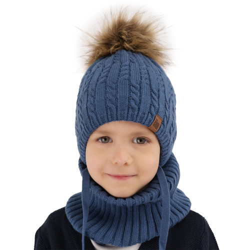 Ensemble d'hiver garçon: bonnet et snood, bleu, avec pompon, avec liens, Indigo