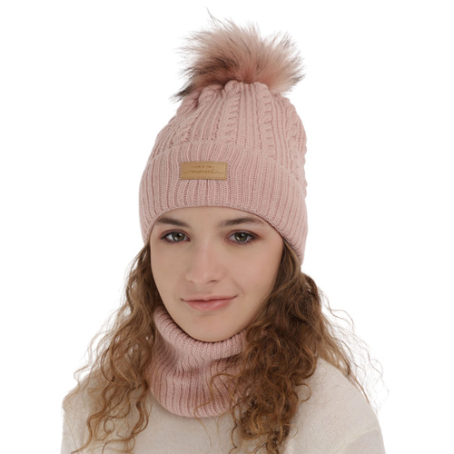 Ensemble d'hiver fille: bonnet et snood, rose, avec pompon, Alika