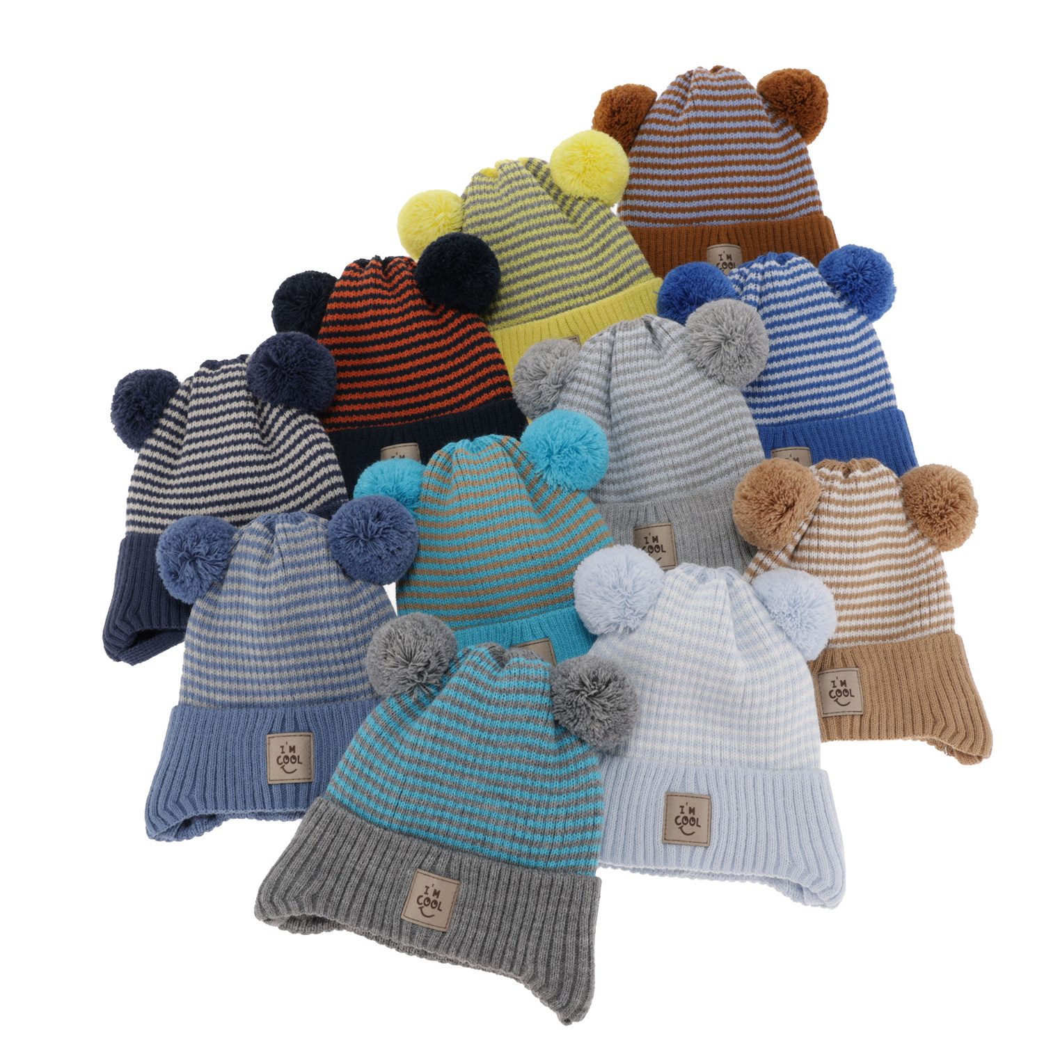 Bonnet automne/printemps garçon, bleu, avec deux pompons, Laurent