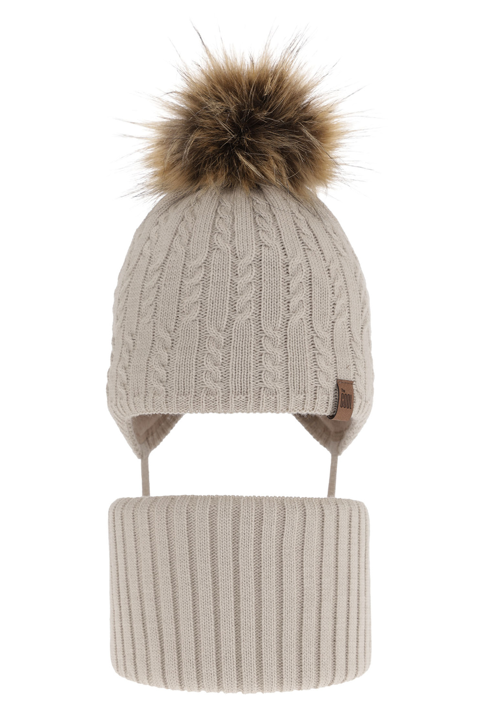 Ensemble d'hiver garçon: bonnet et snood, beige, avec liens, avec pompon, Indigo