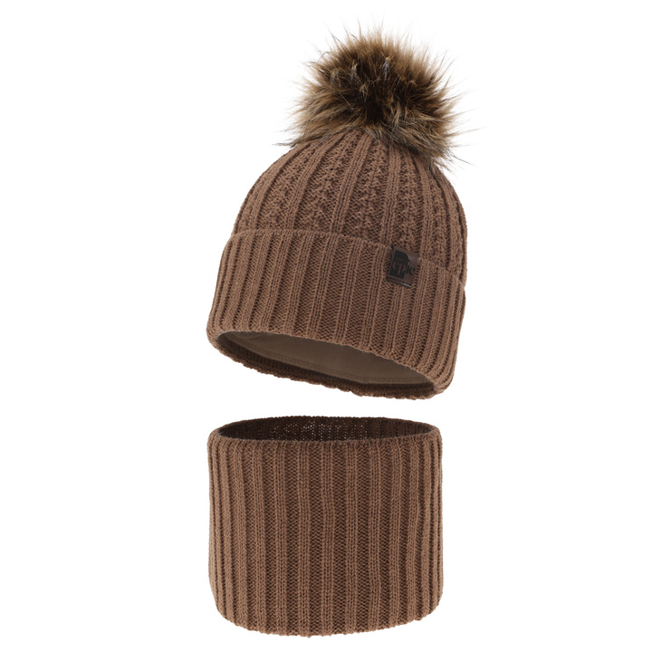 Ensemble d'hiver garçon: bonnet et snood, marron, avec pompon, Lars