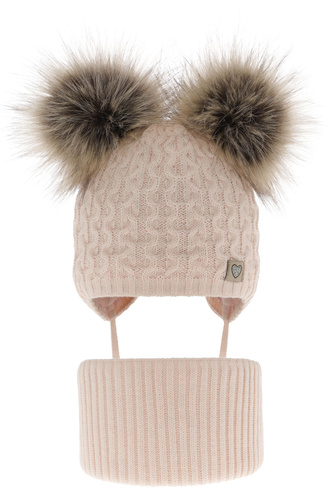 Ensemble d'hiver fille: bonnet et snood, rose clair, avec deux pompons, Poliana