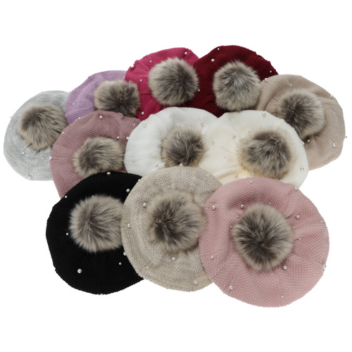 Meisjes winter set (beret en buissjaal), roze, gevoerd met fleece, met pompon, Jeanette