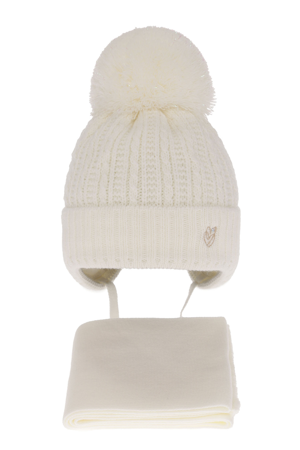 Ensemble d'hiver fille: bonnet et écharpe, crème, avec liens, avec pompon, Marisa