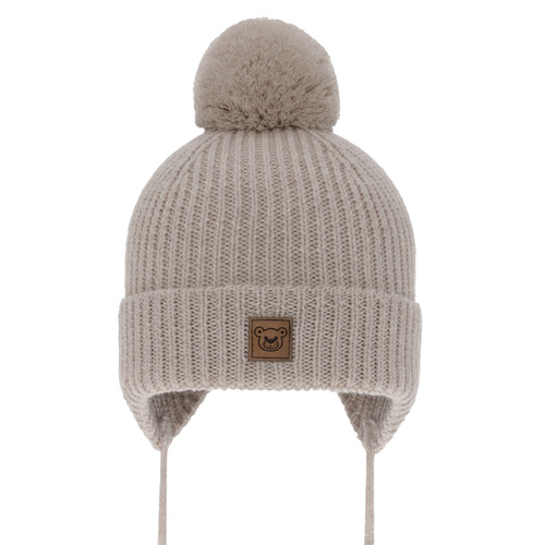 Bonnet d'hiver garçon, beige, avec laine mérinos, doublé de coton, avec liens, Tofik