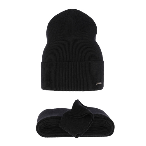 Ensemble d'hiver femme: bonnet et écharpe, noir, avec laine mérinos, Melpomena