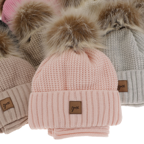 Ensemble d'hiver fille: bonnet et snood, beige, avec pompon, Juliette