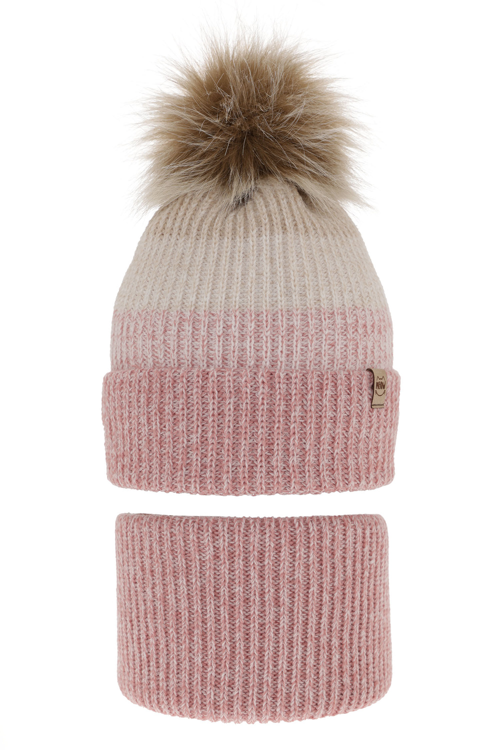 Ensemble d'hiver fille: bonnet et snood, rose, avec pompon, Gimena