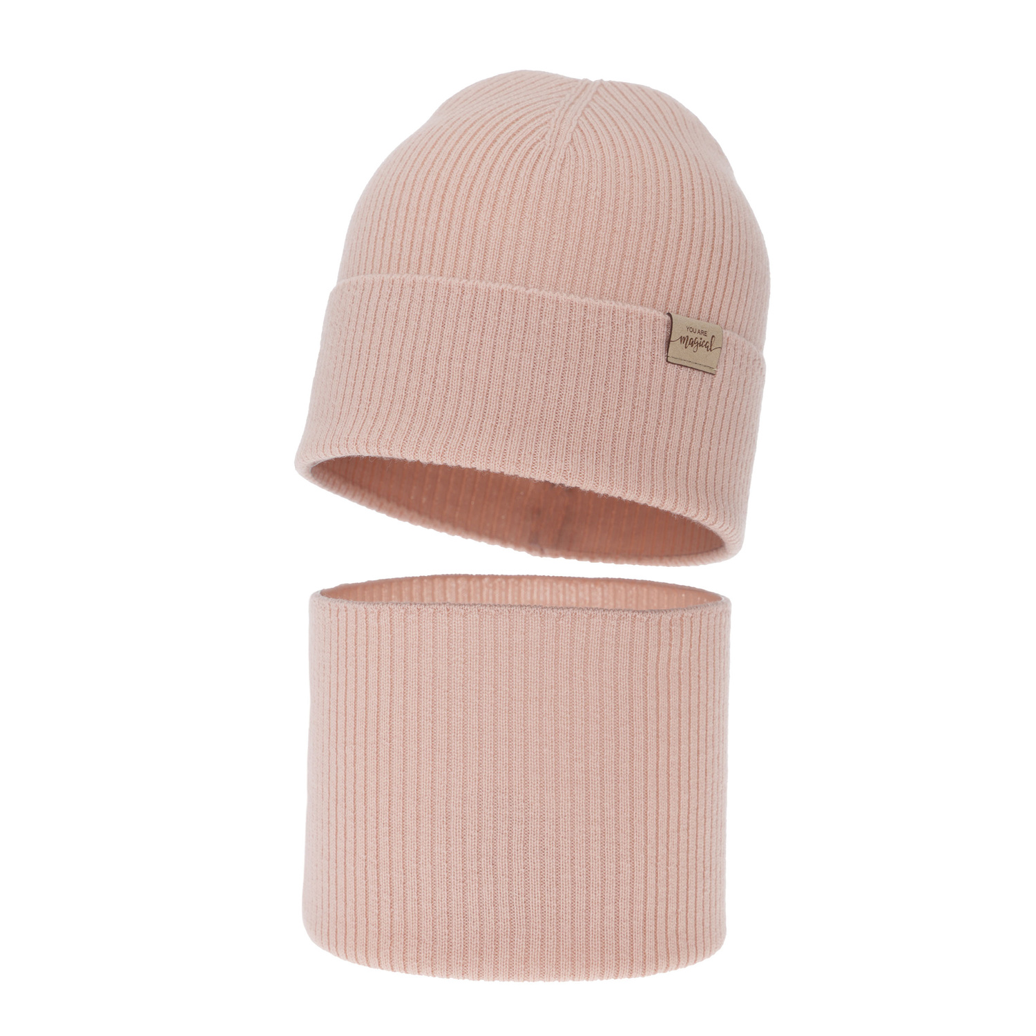 Meisjes herfst/lente set (muts en buissjaal), kremowy, 100% Merino Wol, Magenta