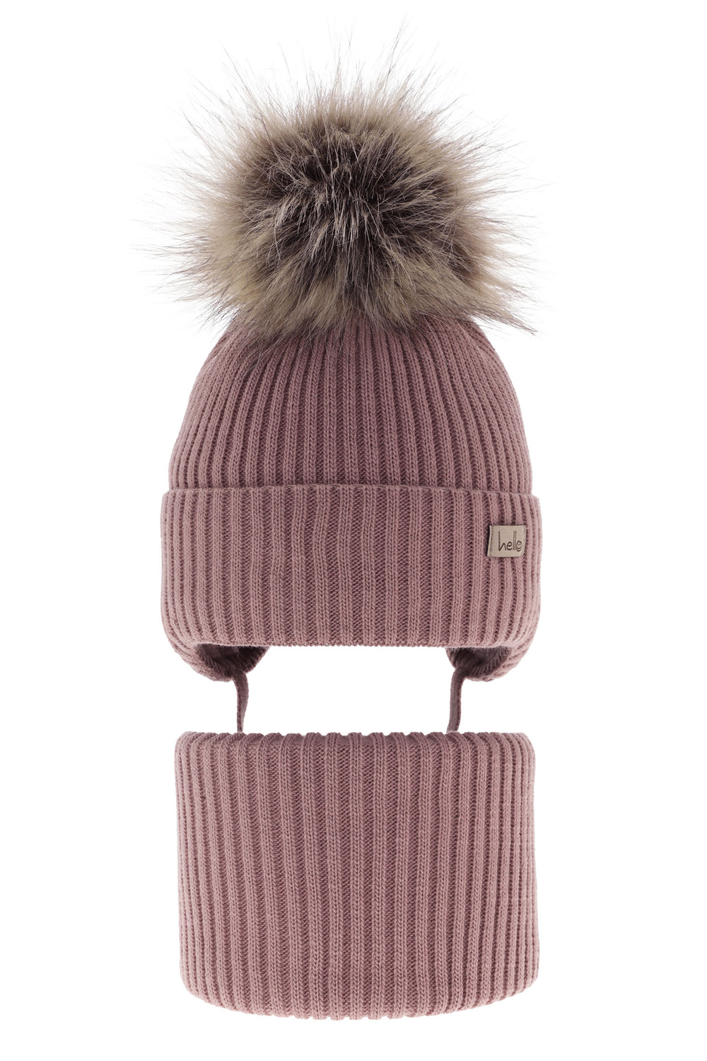 Ensemble d'hiver fille: bonnet et snood, violet, avec liens, avec pompon, Bria