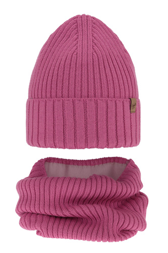 Ensemble d'hiver fille: bonnet et snood, rose, avec laine mérinos, Mesalia