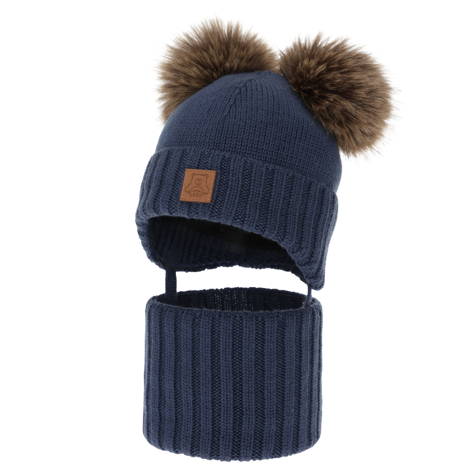 Jongens muts en col, winter set, donkerblauw, 100% merinowol, gevoerd met wollen fleece, Ronik