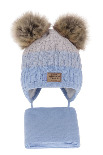 Ensemble d'hiver garçon: bonnet et écharpe, bleu clair, avec deux pompons, Platon