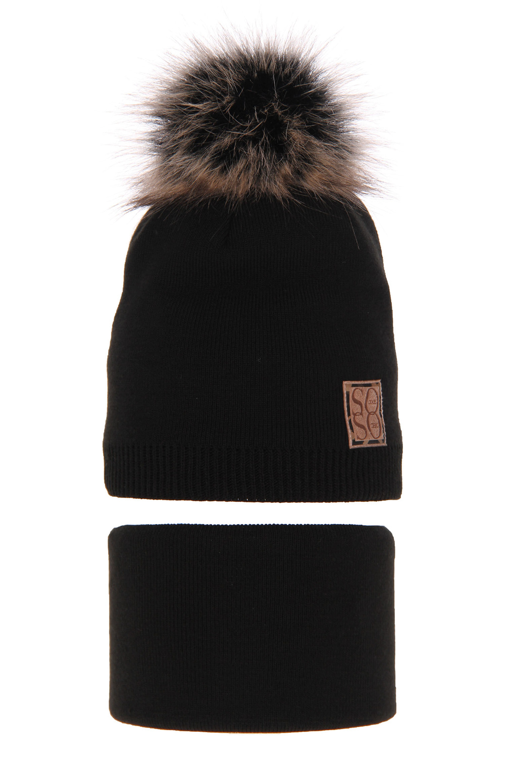 Meisjes winter set muts en buissjaal, zwart, met garen pompon, Apolinka