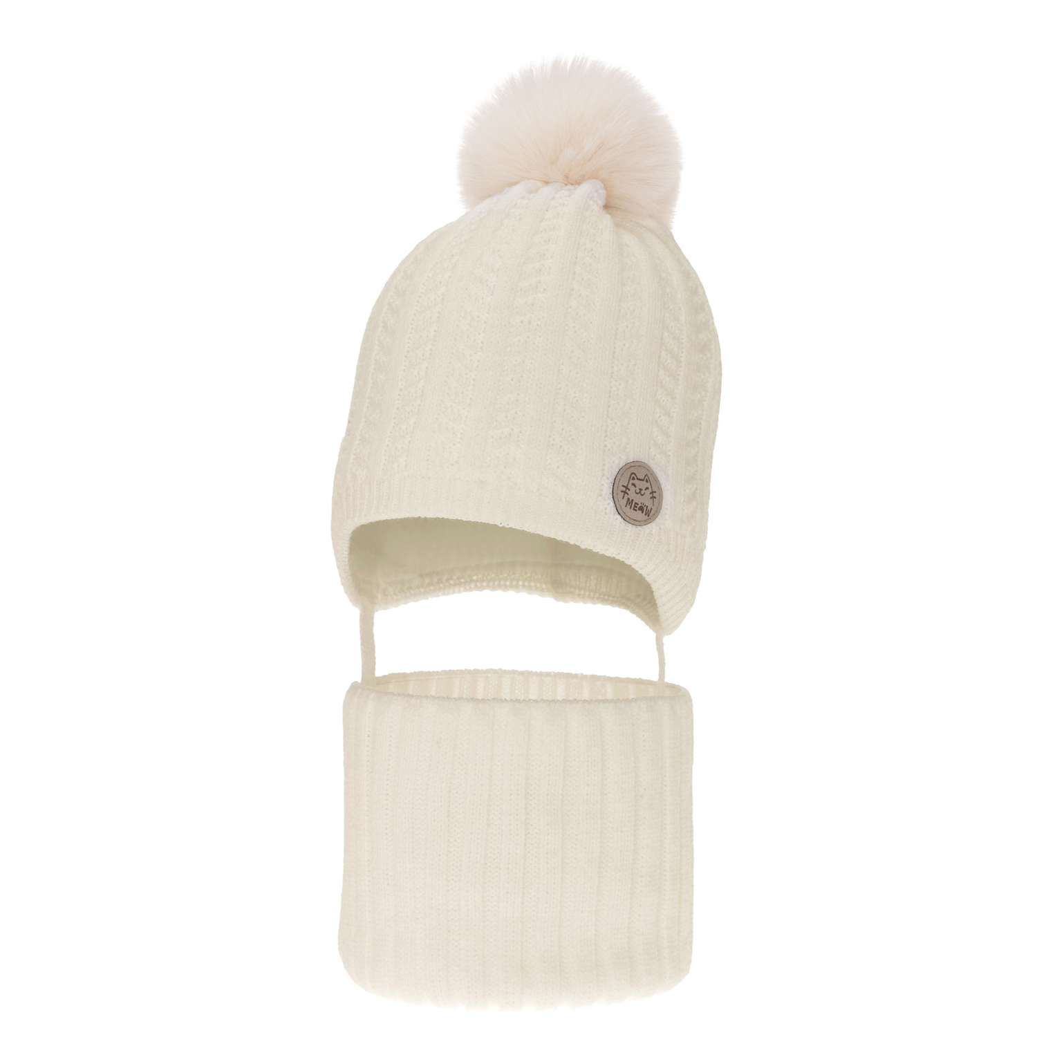 Ensemble d'hiver fille: bonnet et snood, crème, avec pompon, Kenta