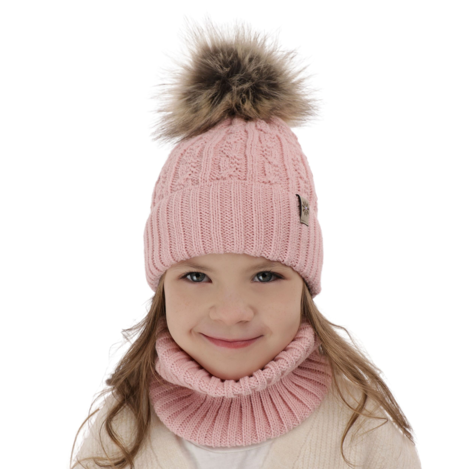Ensemble d'hiver fille: bonnet et snood, rose, avec pompon, Pretoria