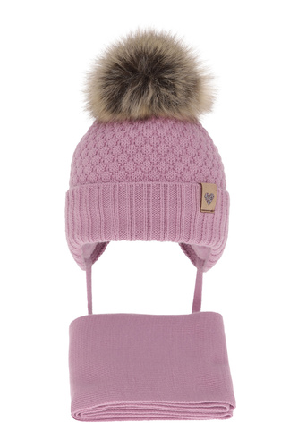 Ensemble d'hiver fille: bonnet et écharpe, violet, avec pompon, avec liens, Bianca