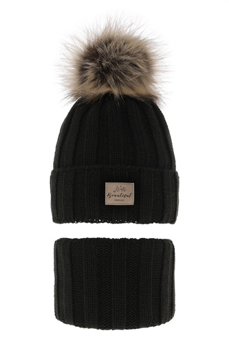 Ensemble d'hiver fille: bonnet et snood, noir, avec pompon, Kaliope