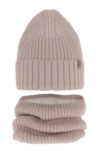 Ensemble d'hiver fille: bonnet et snood, beige, avec laine mérinos, Mesalia