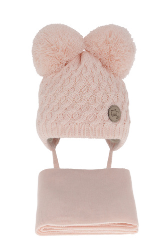 Ensemble d'hiver fille: bonnet et écharpe, rose clair, avec deux pompons, avec liens, Anava