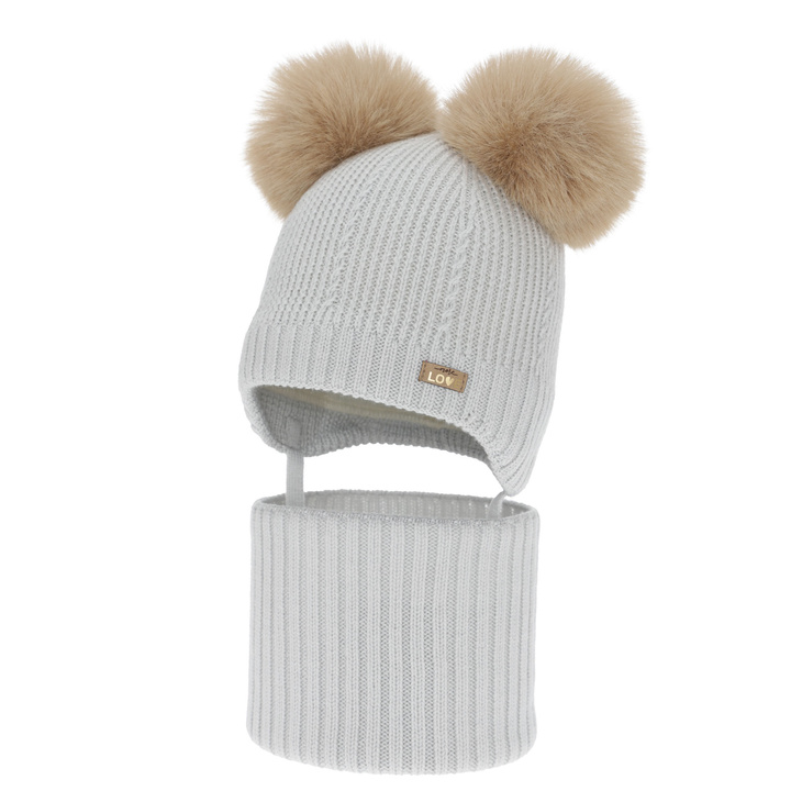 Meisjes muts en col, winter set, grijs, 100% merinowol, gevoerd met wollen fleece, Lumia