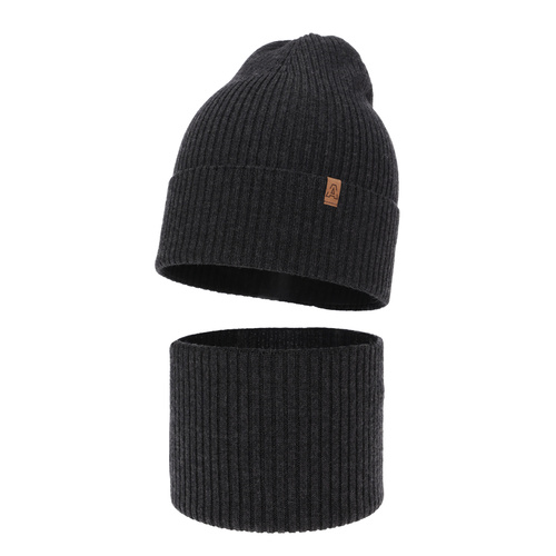 Ensemble automne/printemps garçon: bonnet et snood, 100% laine mérinos, gris foncé, Lemas