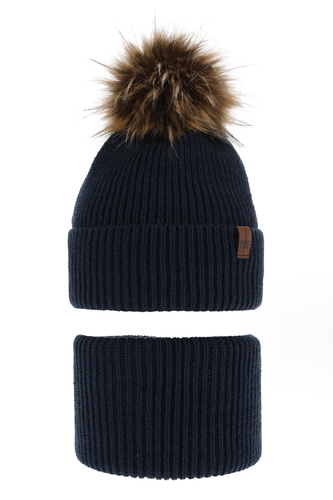 Ensemble d'hiver garçon: bonnet et snood, bleu marine, avec pompon, Modus