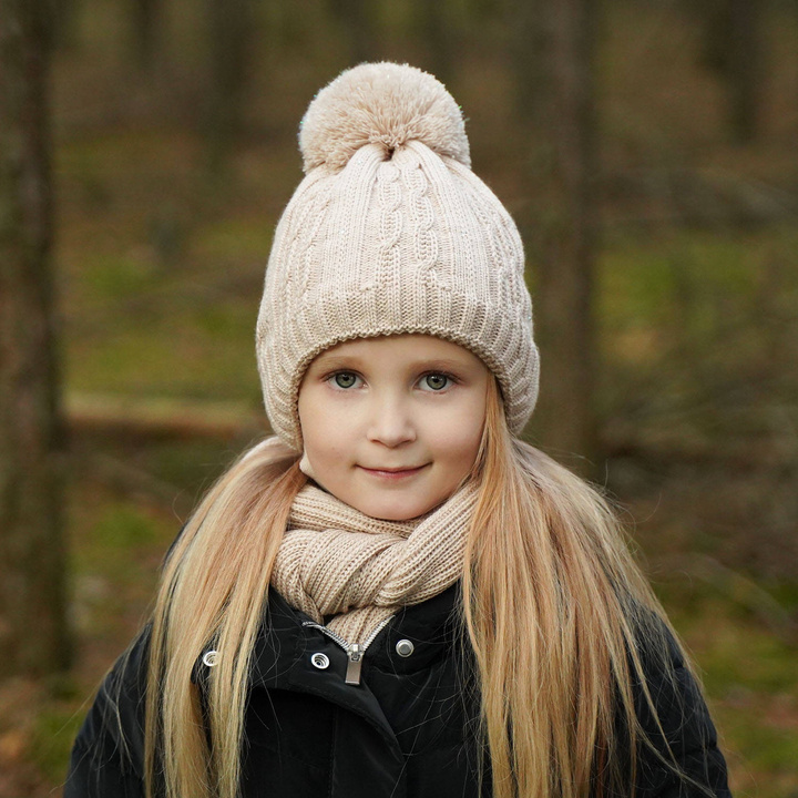 Meisjes winter set muts en sjaal, beige, met garen pompon, Candy