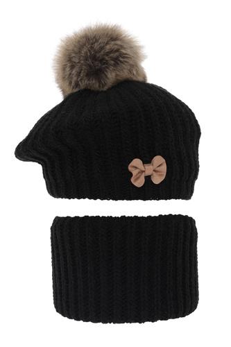 Ensemble d'hiver fille: beret et snood, noir, avec pompon, Polinezja