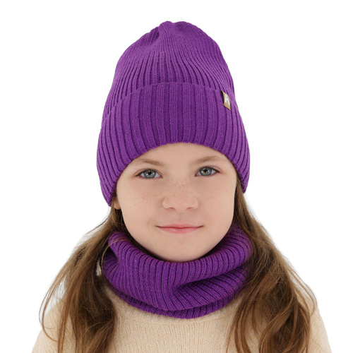 Ensemble d'hiver fille: bonnet et snood, violet, doublé de polaire, avec laine mérinos, Peggy