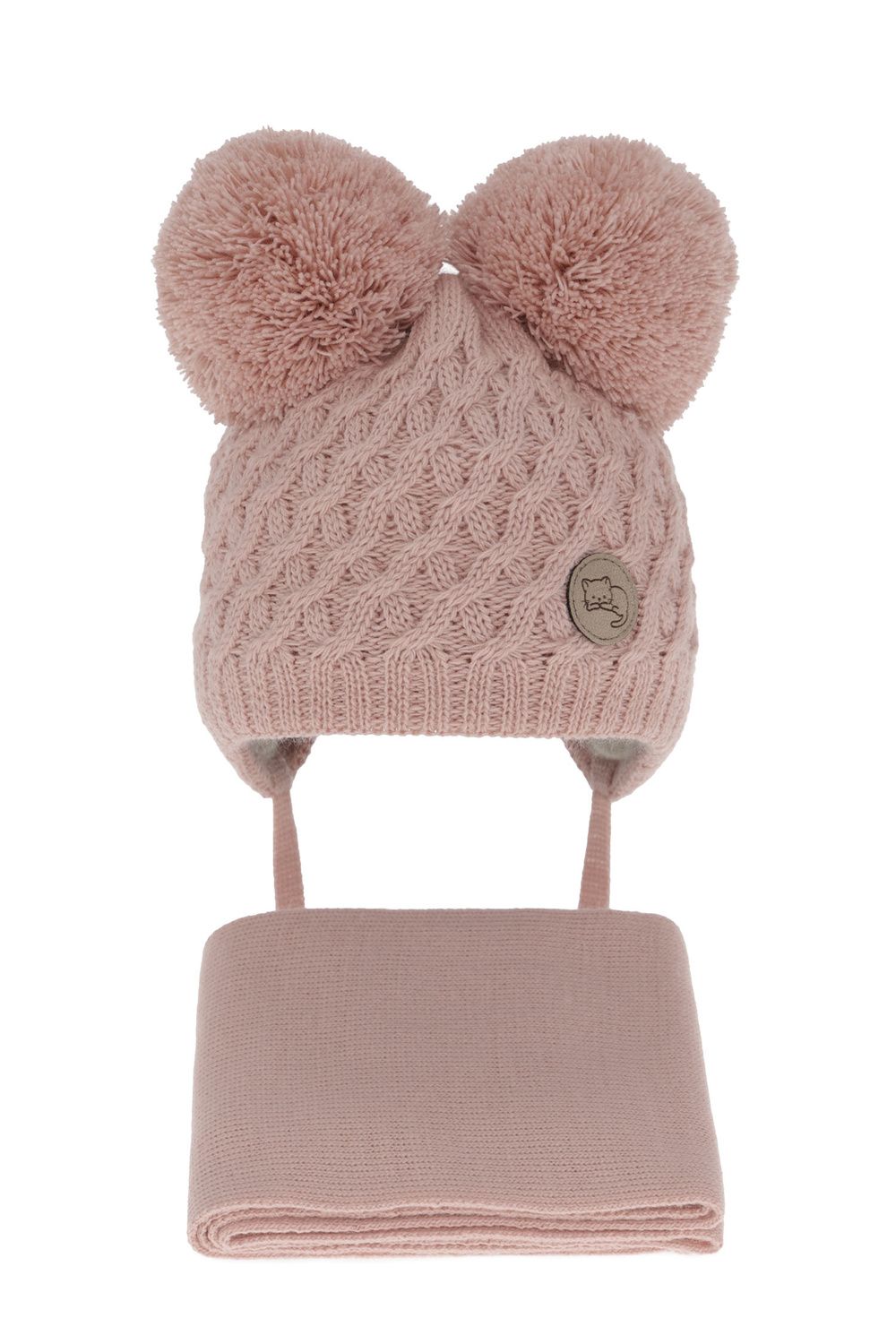 Ensemble d'hiver fille: bonnet et écharpe, rose, avec deux pompons, avec liens, Anava
