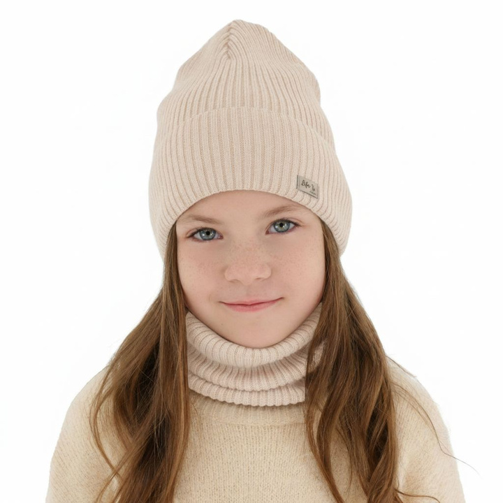 Ensemble automne/printemps fille: bonnet et snood, rose clair, avec laine mérinos, Itra