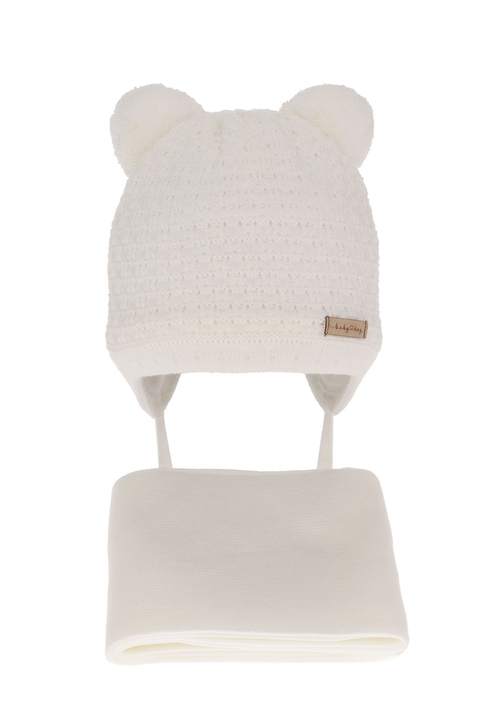 Ensemble d'hiver garçon: bonnet et écharpe, blanc, avec deux pompons, avec liens, Franki