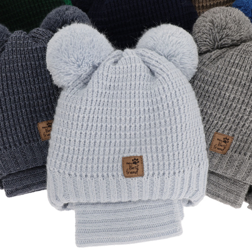 Ensemble d'hiver garçon: bonnet et snood, noir, avec deux pompons, avec liens, Krispi