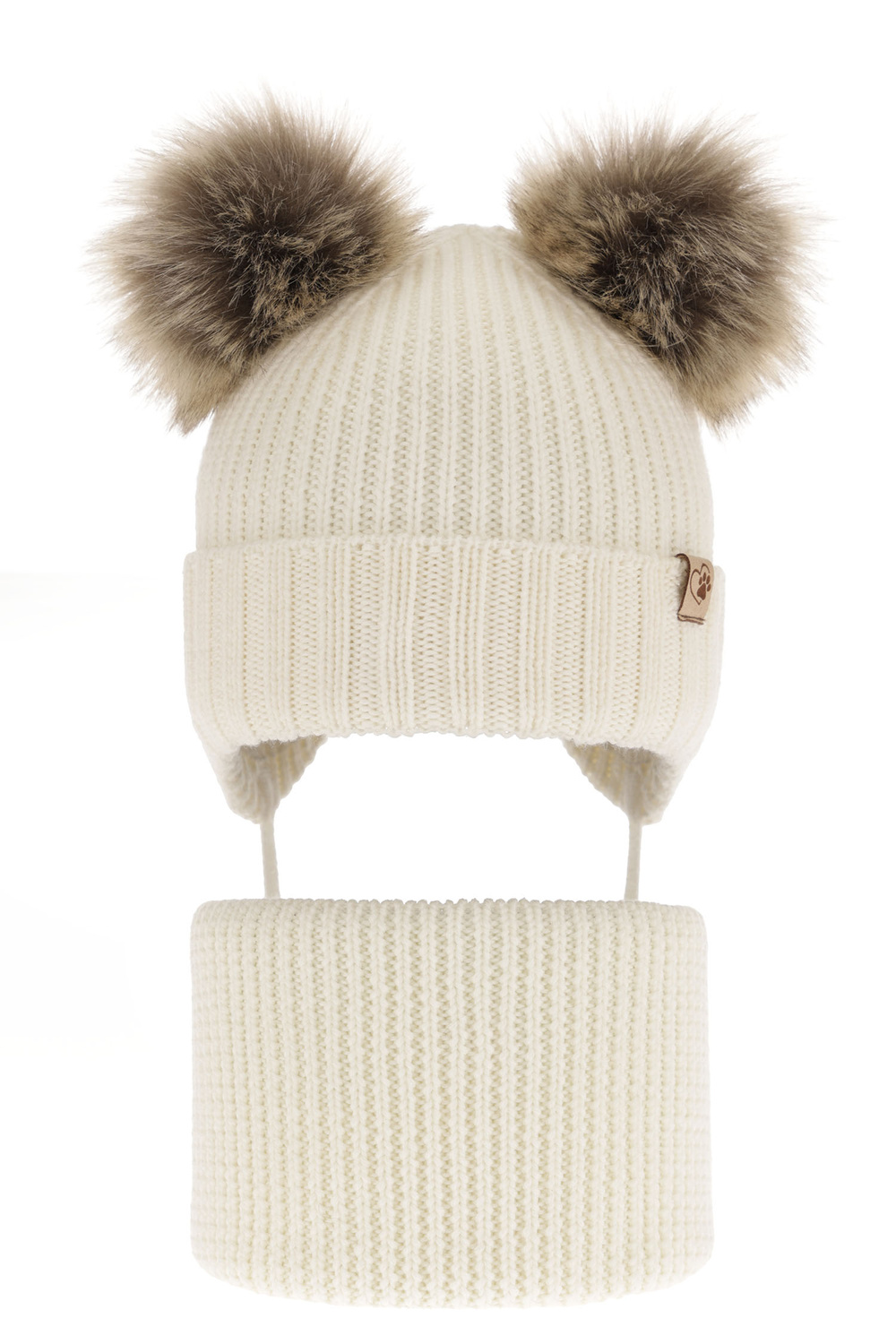 Ensemble d'hiver fille: bonnet et snood, crème, avec laine mérinos, avec liens, avec deux pompons, Silvia