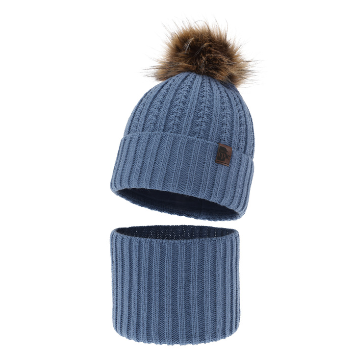Ensemble d'hiver garçon: bonnet et snood, bleu, avec pompon, Lars