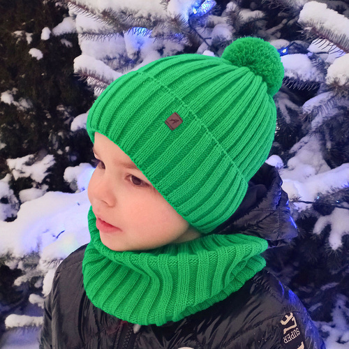 Jongens winter set muts en sjaal, groen, met garen pompon, Wiliam