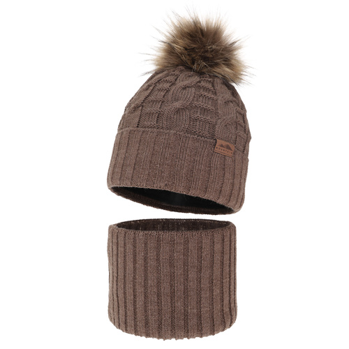 Ensemble d'hiver garçon: bonnet et snood, brun, avec pompon, Cent