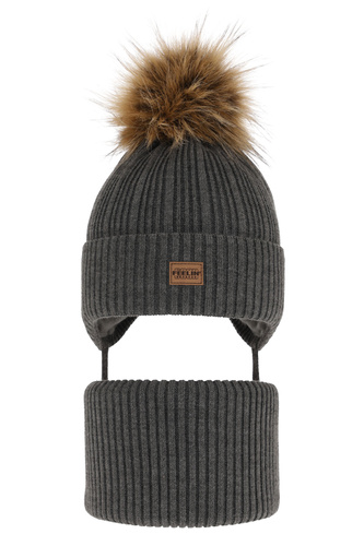 Ensemble d'hiver garçon: bonnet et snood, gris, avec pompon, Eger