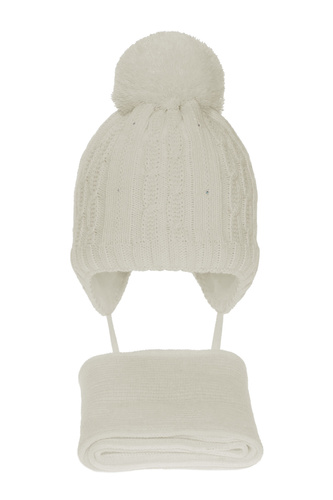 Meisjes winter set muts en sjaal, creme, met garen pompon, Candy