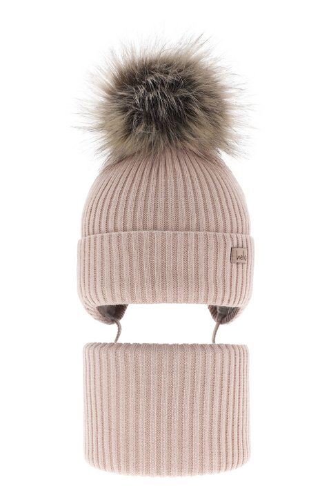 Ensemble d'hiver fille: bonnet et snood, beige, avec liens, Bria