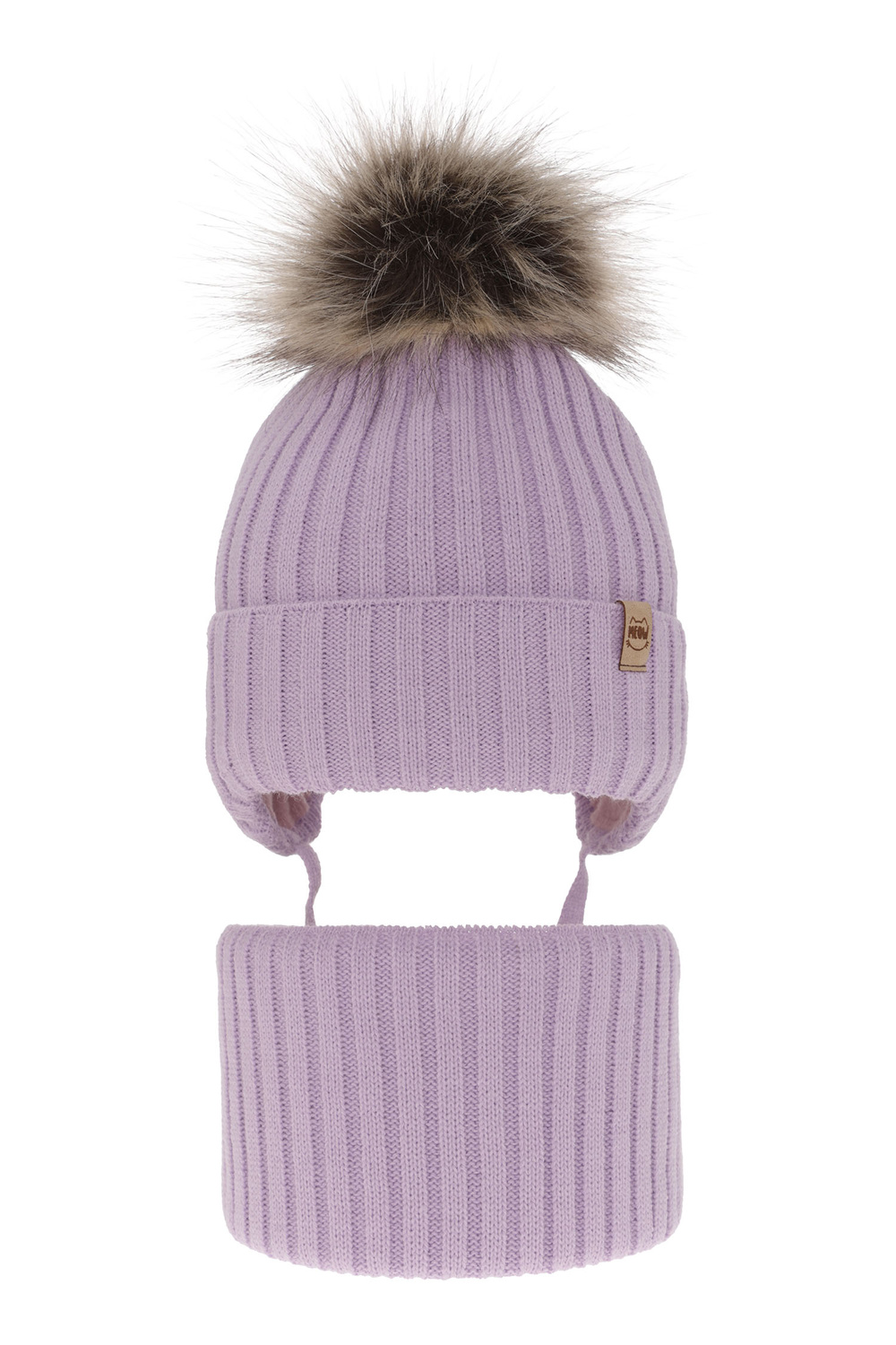 Ensemble d'hiver fille: bonnet et snood, violet, avec pompon, avec liens, Louisa